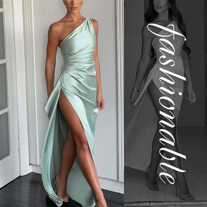 🎁New arrival 50% OFF💥Fits Your Curves Satin One Shoulder Drape Slit Maxi Dress