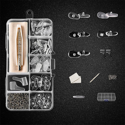 🔥Hot Sale 50% OFF🔥 Eyeglass Nose Pad Repair Kit – 22 Pairs Silicone Pads, Screws, Screwdriver, Tweezers 👓