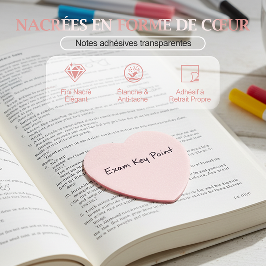 Transparent pearlescent sticky notes in the shape of a heart