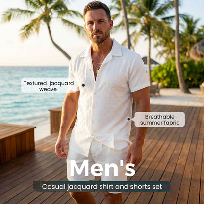 🥳2026 HOT SALE🥳💞50K+ SOLD!💥50% OFF! Men's Jacquard Shirt & Shorts Set – Easy-fit comfort for warm days! Breathable fabric, no ironing needed. Perfect for garden or seaside.