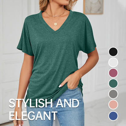 🌸Last Day Promotion：ONLY ￡11.99!!🌸Women's V-Neck Loose Soft Solid Color Short Sleeve Top