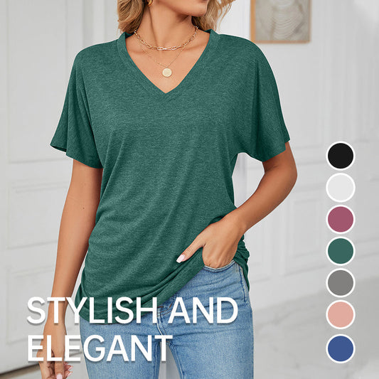 🌸Last Day Promotion：ONLY ￡11.99!!🌸Women's V-Neck Loose Soft Solid Color Short Sleeve Top