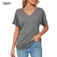 🌸Last Day Promotion：ONLY ￡11.99!!🌸Women's V-Neck Loose Soft Solid Color Short Sleeve Top