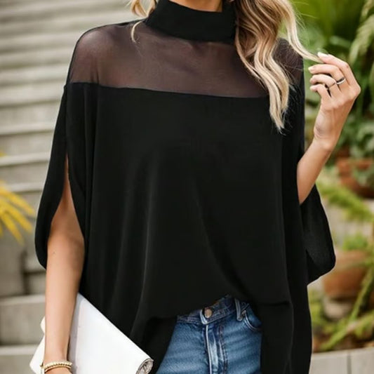 🦇 50% OFF NOW! 🖤 Women's High-Neck Batwing Blouse – Sheer Panel & Loose Fit ✨