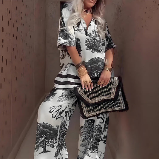 📢📢50% OFF !! ⏰Women's Casual Printed V-Neck Top and Long Pants Set