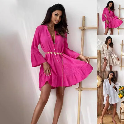 🔥New Hot Selling❤️‍🔥Women’s V Neck Babydoll Dress with Long Sleeves