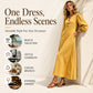 Women's Casual V-Neck Maxi Dress with Puff Sleeve
