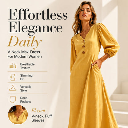 Women's Casual V-Neck Maxi Dress with Puff Sleeve