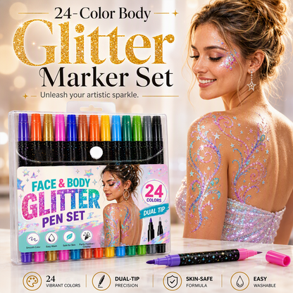 24-Color Face & Body Glitter Marker Set with Dual Tips